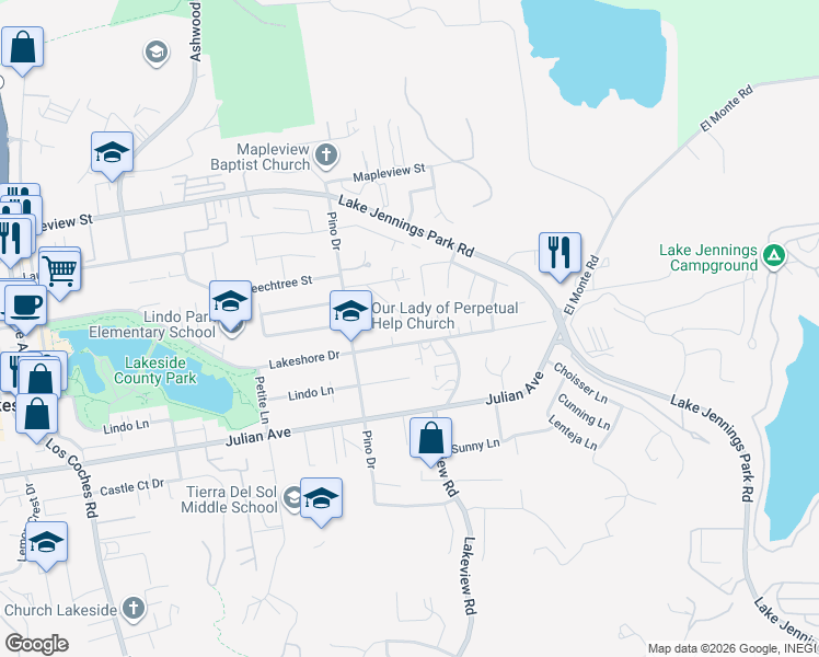 map of restaurants, bars, coffee shops, grocery stores, and more near 13233 Beechtree Street in Lakeside