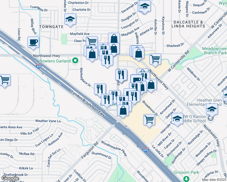 map of restaurants, bars, coffee shops, grocery stores, and more near 4771 Saturn Road in Garland