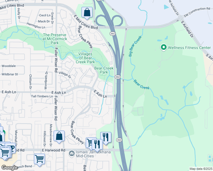 map of restaurants, bars, coffee shops, grocery stores, and more near 1625 Brook Grove Drive in Euless