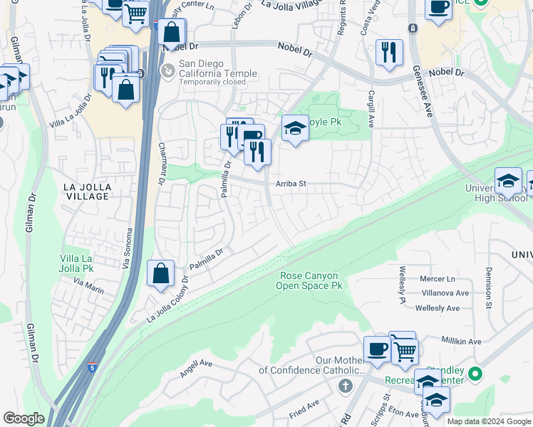 map of restaurants, bars, coffee shops, grocery stores, and more near 4225 Porte De Merano in San Diego
