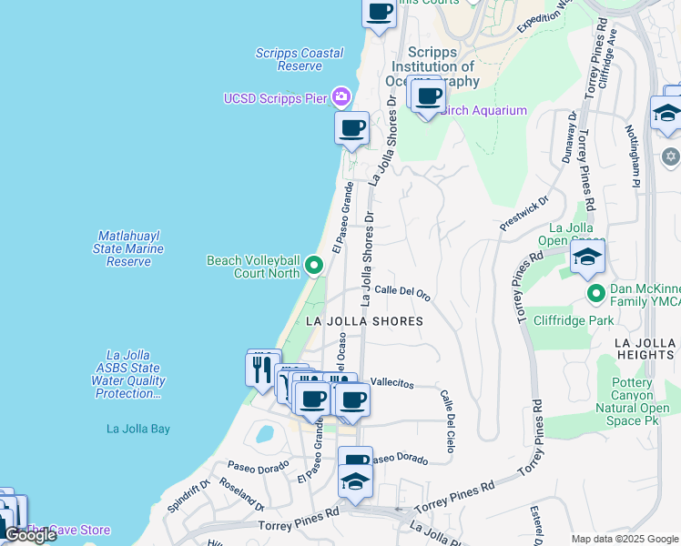 map of restaurants, bars, coffee shops, grocery stores, and more near 8477 El Paseo Grande in San Diego