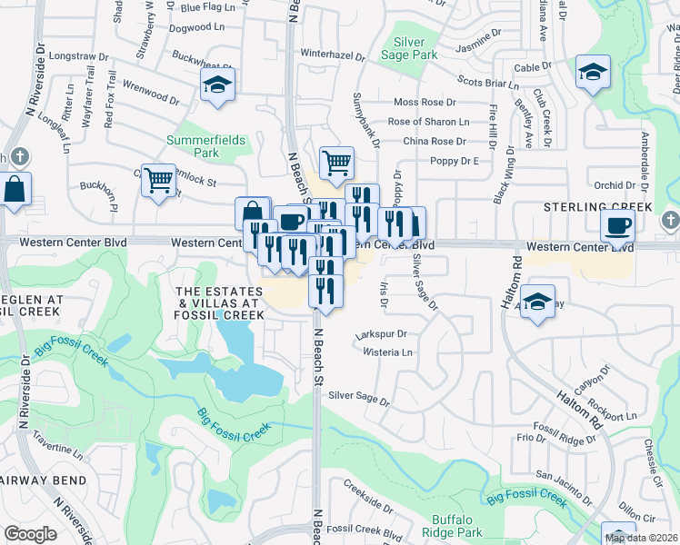 map of restaurants, bars, coffee shops, grocery stores, and more near 4520 Western Center Boulevard in Haltom City