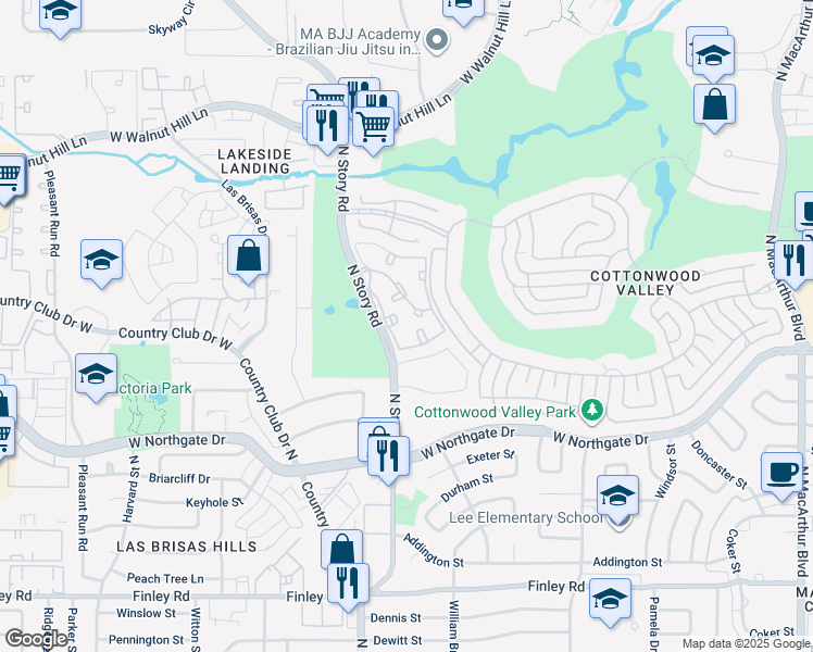 map of restaurants, bars, coffee shops, grocery stores, and more near 3950 North Story Road in Irving