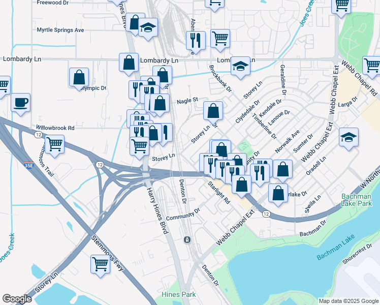 map of restaurants, bars, coffee shops, grocery stores, and more near 10100 Denton Drive in Dallas