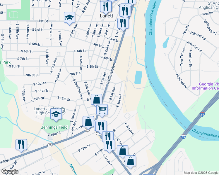 map of restaurants, bars, coffee shops, grocery stores, and more near 1002 East 1st Avenue in Lanett