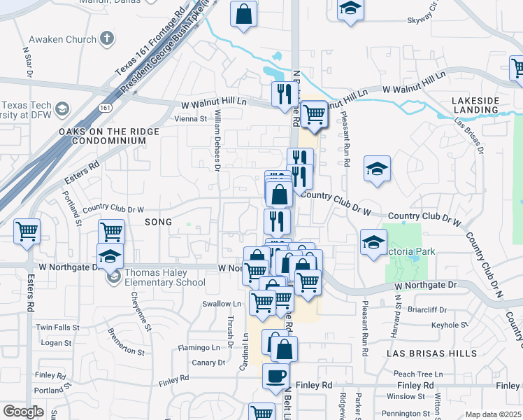 map of restaurants, bars, coffee shops, grocery stores, and more near 3414 Country Club Drive West in Irving