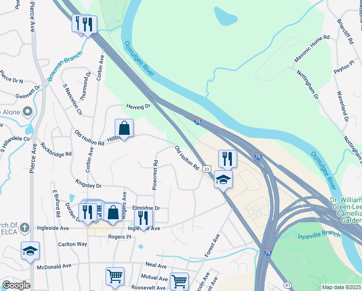 map of restaurants, bars, coffee shops, grocery stores, and more near 2149 Old Holton Road in Macon