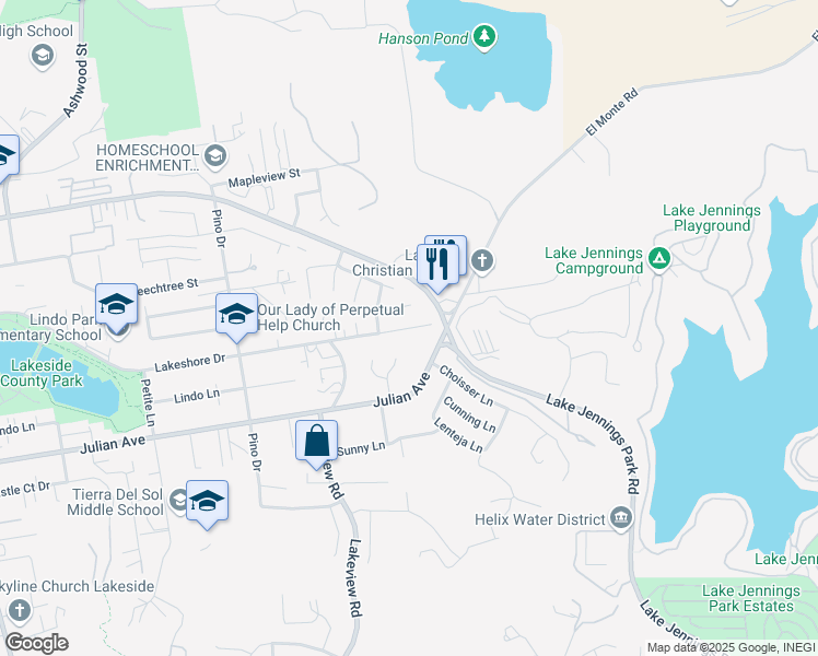 map of restaurants, bars, coffee shops, grocery stores, and more near 13521 Brett Harte Drive in Lakeside