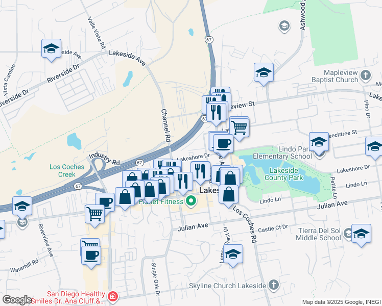 map of restaurants, bars, coffee shops, grocery stores, and more near 10046 River Street in Lakeside