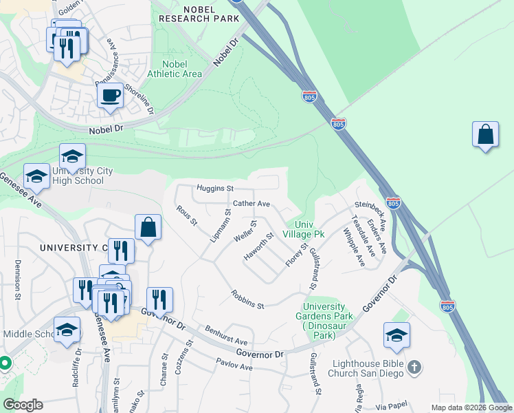 map of restaurants, bars, coffee shops, grocery stores, and more near 4573 Huggins Street in San Diego