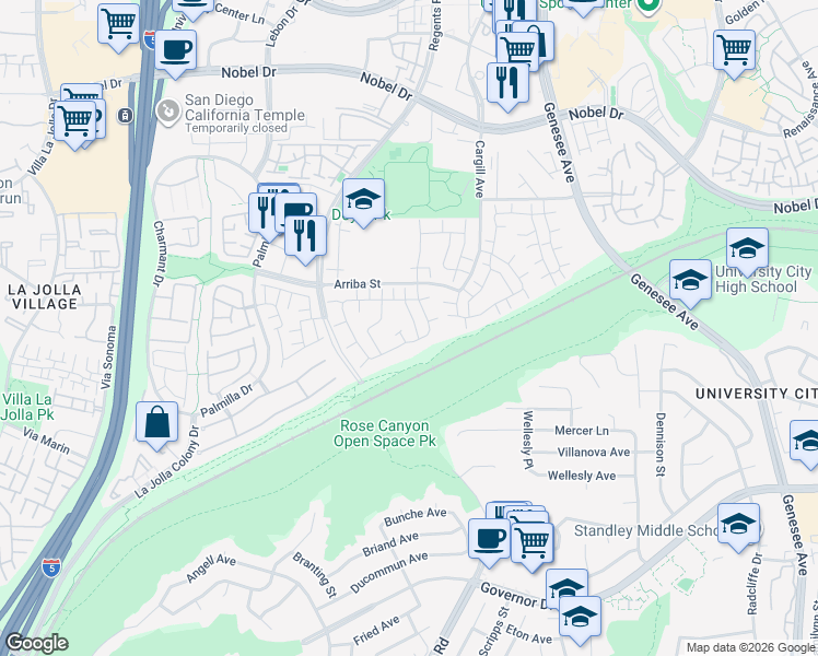 map of restaurants, bars, coffee shops, grocery stores, and more near 7854 Camino Tranquilo in San Diego