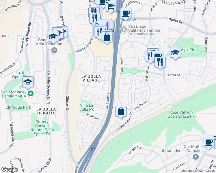 map of restaurants, bars, coffee shops, grocery stores, and more near 8492 Via Sonoma in San Diego