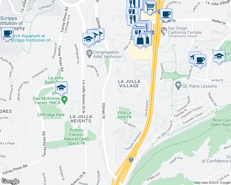 map of restaurants, bars, coffee shops, grocery stores, and more near 8440 Via Mallorca in San Diego