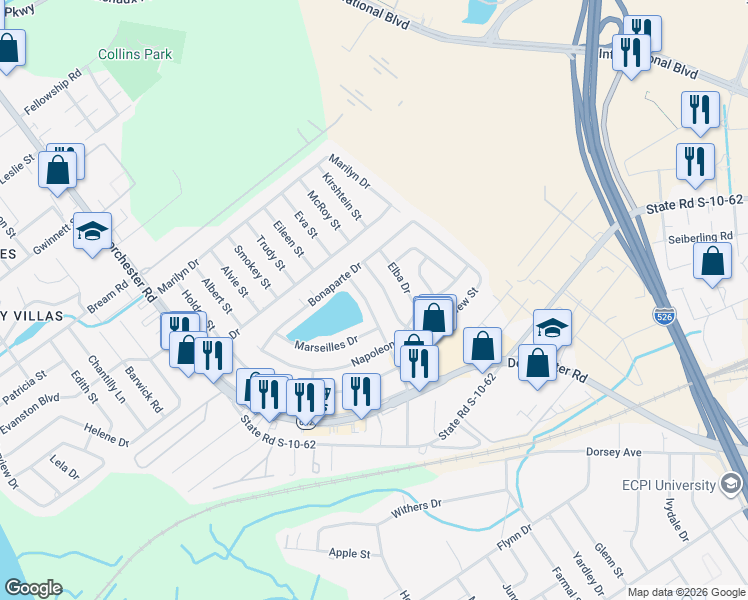 map of restaurants, bars, coffee shops, grocery stores, and more near 5210 Scarsdale Avenue in North Charleston