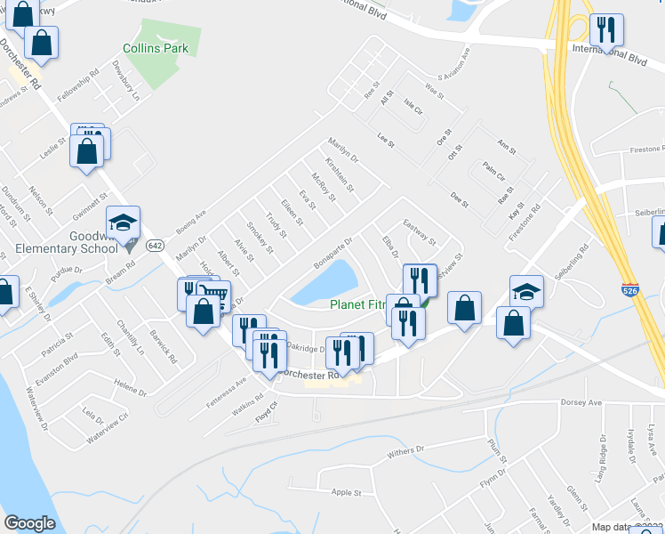 map of restaurants, bars, coffee shops, grocery stores, and more near 4120 Bonaparte Drive in North Charleston