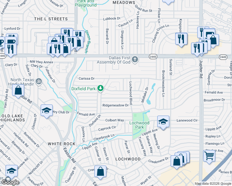 map of restaurants, bars, coffee shops, grocery stores, and more near 10973 Yorksprings Place in Dallas