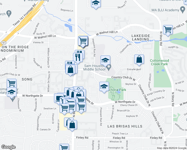 map of restaurants, bars, coffee shops, grocery stores, and more near 3959 Pleasant Run Road in Irving