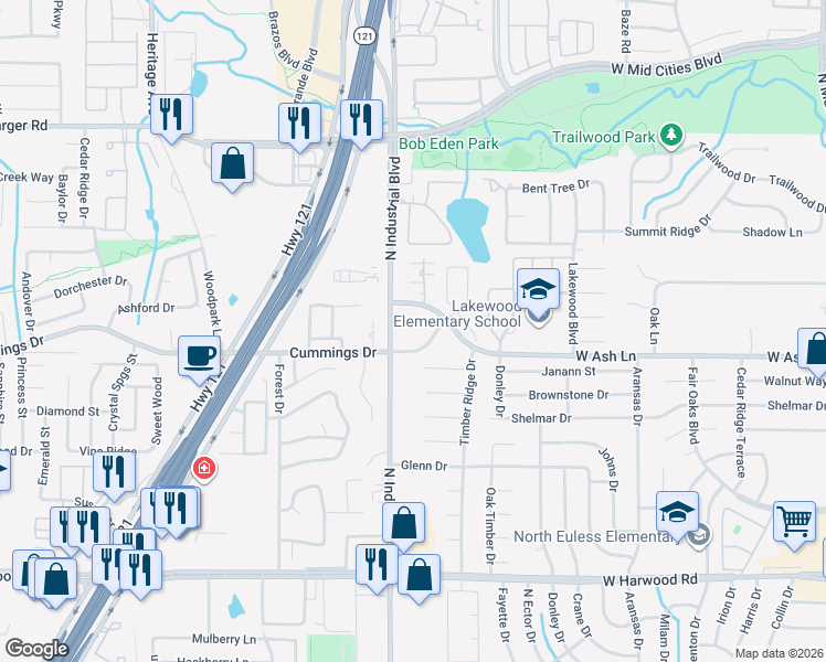 map of restaurants, bars, coffee shops, grocery stores, and more near 1001 West Ash Lane in Euless