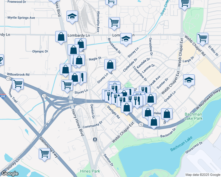 map of restaurants, bars, coffee shops, grocery stores, and more near 2850 Clydedale Drive in Dallas