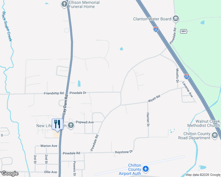 map of restaurants, bars, coffee shops, grocery stores, and more near 219 Pinedale Drive in Clanton