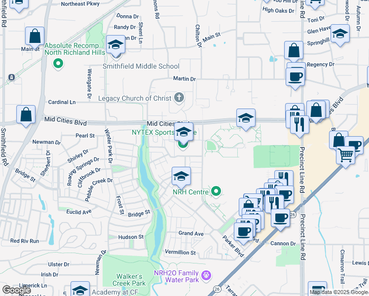map of restaurants, bars, coffee shops, grocery stores, and more near 8851 Ice House Drive in North Richland Hills