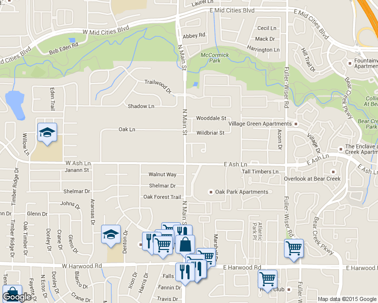map of restaurants, bars, coffee shops, grocery stores, and more near 203 Edinborough Drive in Euless