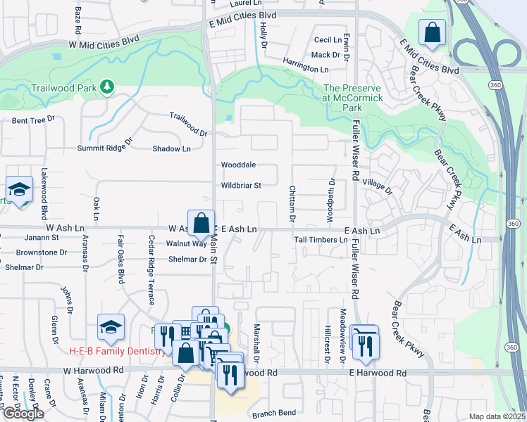 map of restaurants, bars, coffee shops, grocery stores, and more near 1617 Hope Drive in Euless