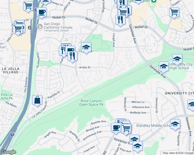 map of restaurants, bars, coffee shops, grocery stores, and more near 7854 Camino Tranquilo in San Diego