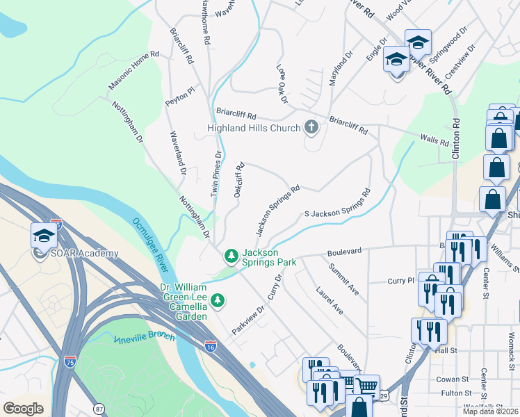 map of restaurants, bars, coffee shops, grocery stores, and more near 1178 Jackson Springs Road in Macon
