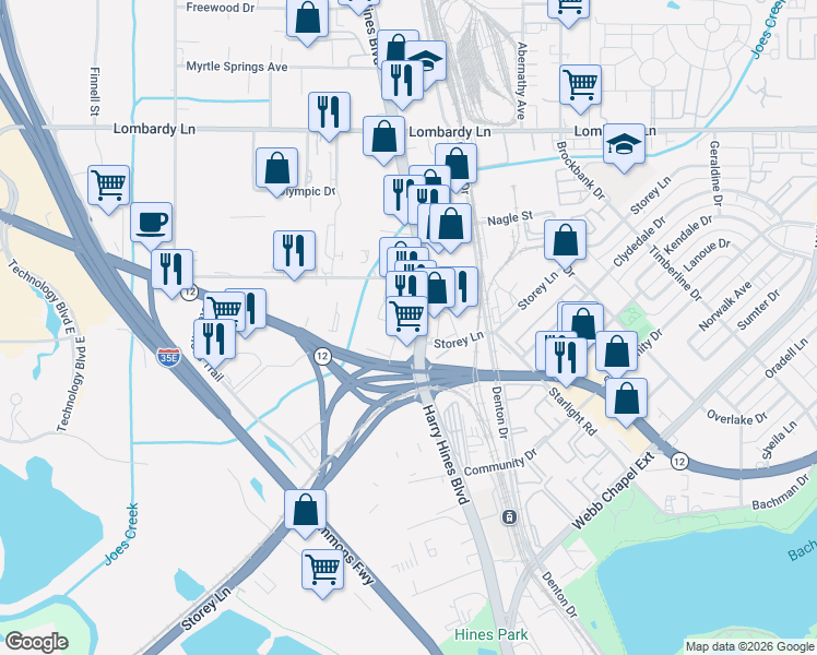 map of restaurants, bars, coffee shops, grocery stores, and more near 10065 Harry Hines Boulevard in Dallas