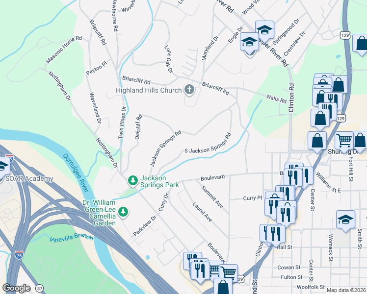 map of restaurants, bars, coffee shops, grocery stores, and more near 1223 Jackson Springs Road in Macon