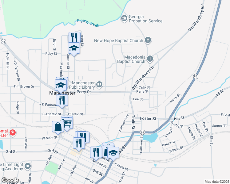 map of restaurants, bars, coffee shops, grocery stores, and more near Perry Street in Manchester