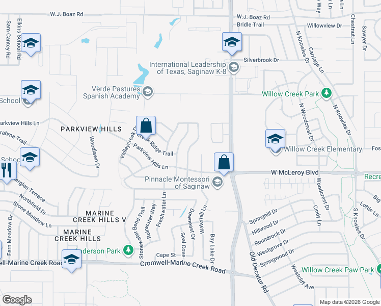 map of restaurants, bars, coffee shops, grocery stores, and more near 4553 Waterford Drive in Fort Worth
