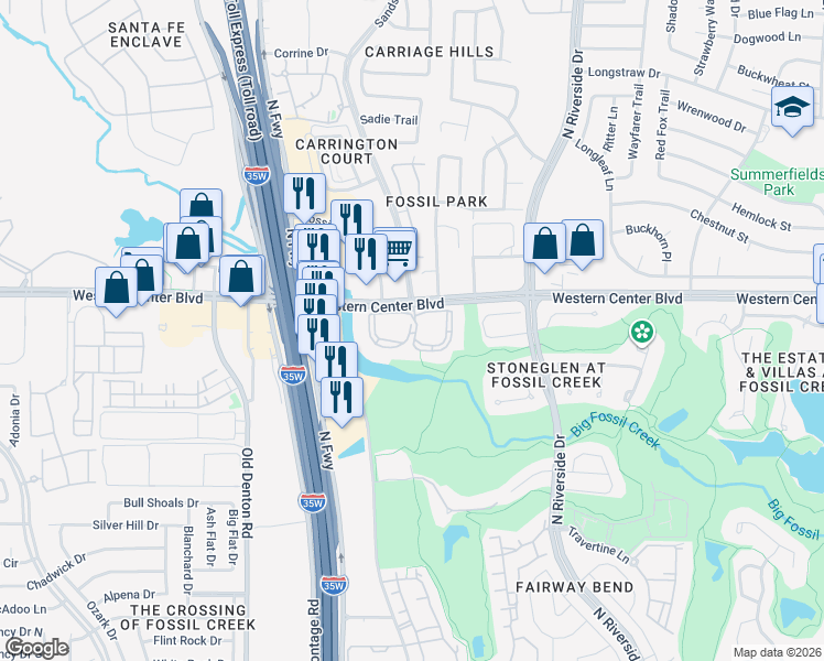 map of restaurants, bars, coffee shops, grocery stores, and more near 3400 Western Center Boulevard in Fort Worth