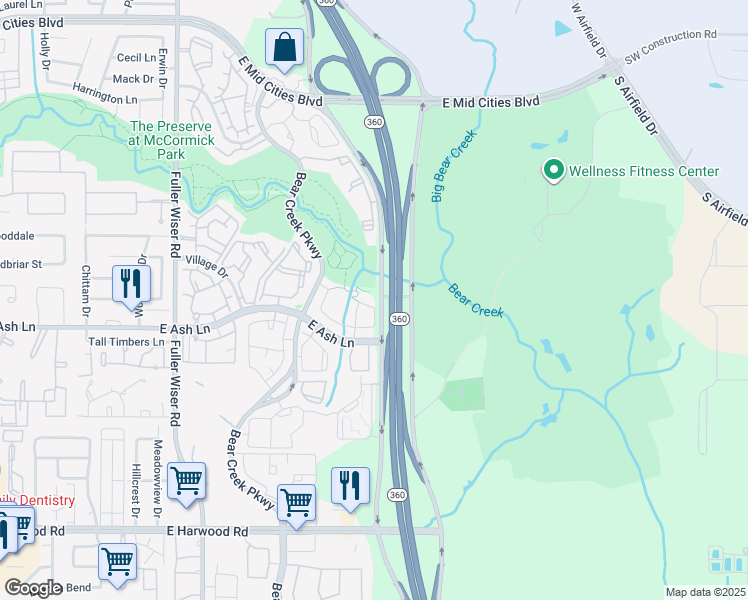 map of restaurants, bars, coffee shops, grocery stores, and more near 1017 Brook Hollow Drive in Euless