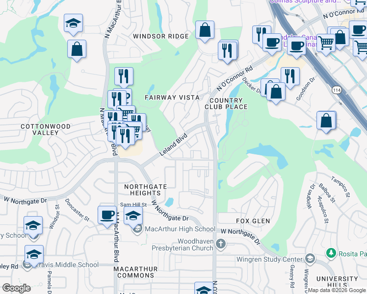 map of restaurants, bars, coffee shops, grocery stores, and more near 4537 North O'Connor Road in Irving