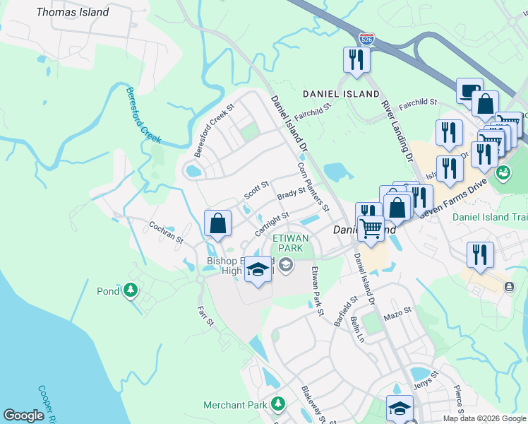 map of restaurants, bars, coffee shops, grocery stores, and more near 162 Brady Street in Charleston