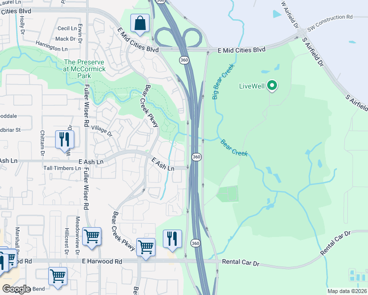 map of restaurants, bars, coffee shops, grocery stores, and more near 1017 Brook Hollow Drive in Euless