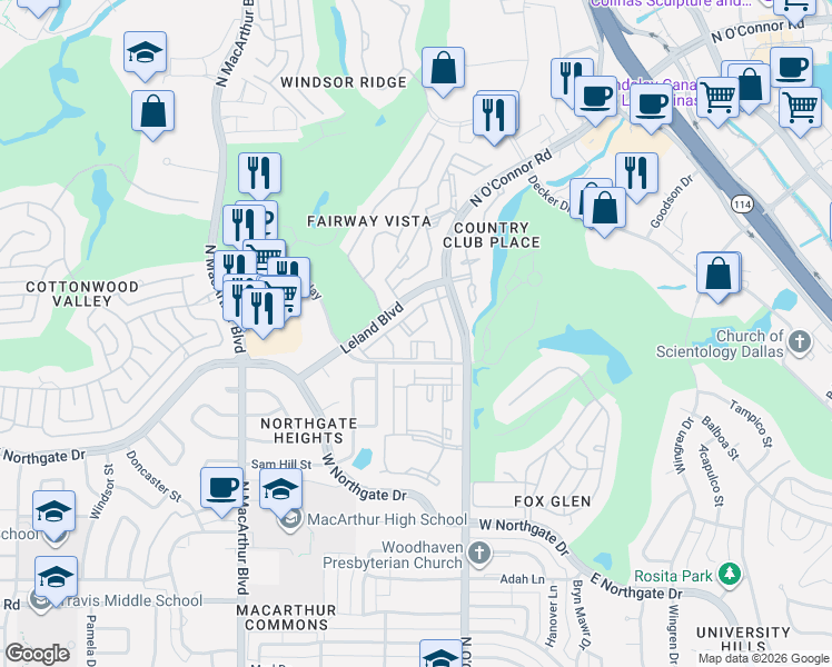 map of restaurants, bars, coffee shops, grocery stores, and more near 4537 North O'Connor Road in Irving