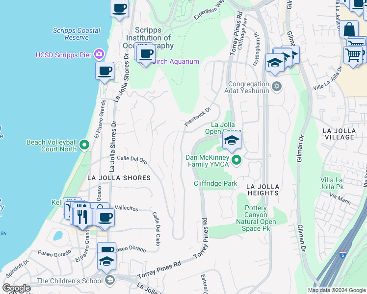 map of restaurants, bars, coffee shops, grocery stores, and more near 8433 Prestwick Drive in San Diego