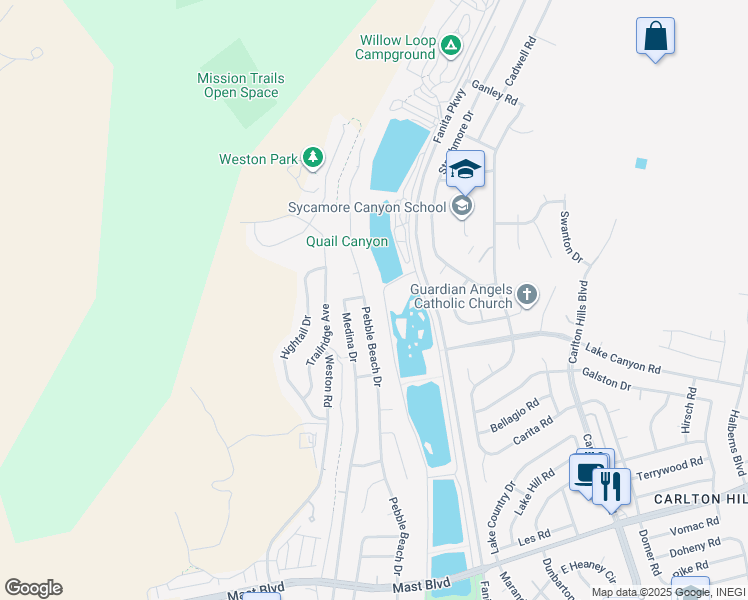 map of restaurants, bars, coffee shops, grocery stores, and more near 10101 Pebble Beach Drive in Santee