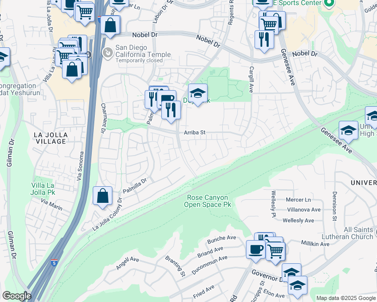 map of restaurants, bars, coffee shops, grocery stores, and more near 3803 Camino Lindo in San Diego