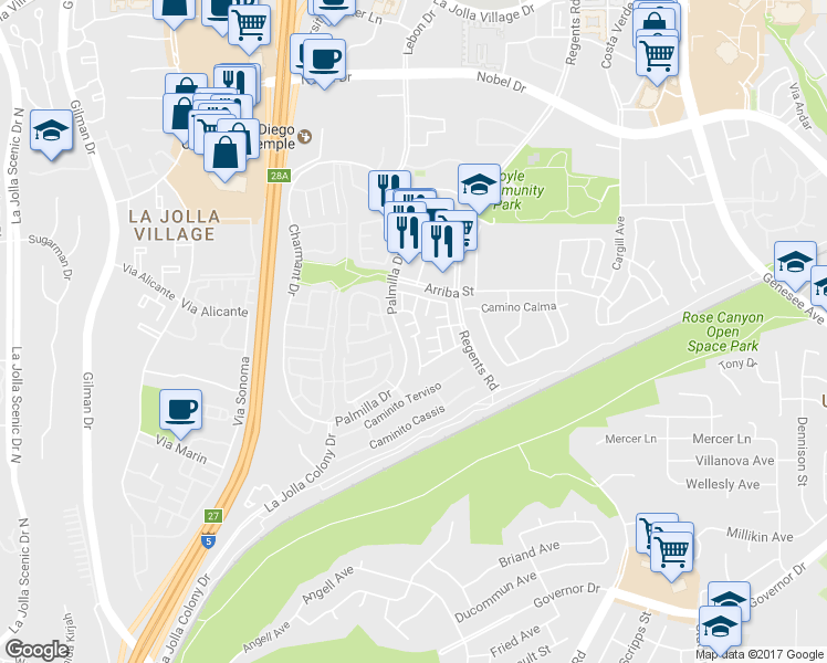 map of restaurants, bars, coffee shops, grocery stores, and more near 7487 Porte De Palmas in San Diego