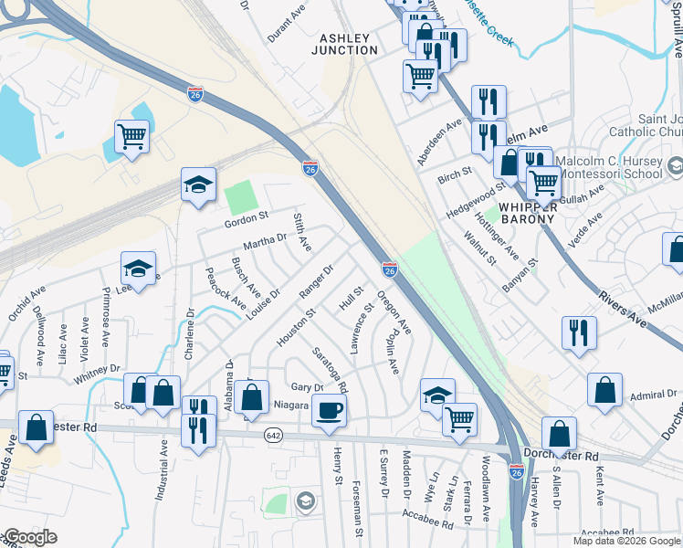 map of restaurants, bars, coffee shops, grocery stores, and more near 2694 Ranger Drive in North Charleston