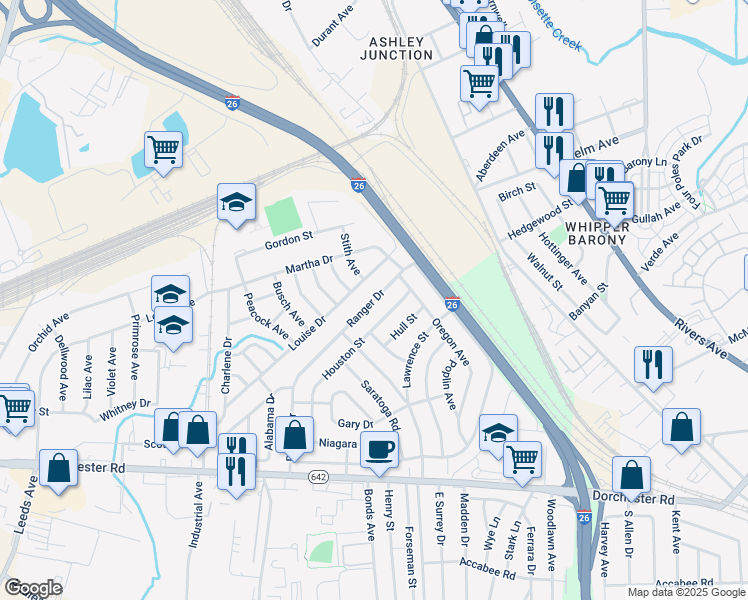 map of restaurants, bars, coffee shops, grocery stores, and more near 2694 Ranger Drive in North Charleston