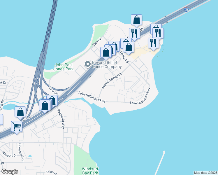 map of restaurants, bars, coffee shops, grocery stores, and more near 5814 Marvin Loving Drive in Garland