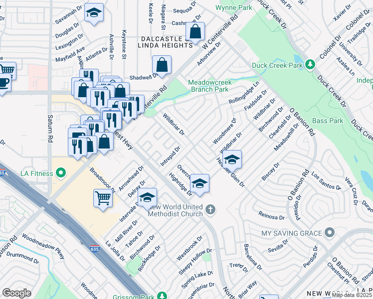 map of restaurants, bars, coffee shops, grocery stores, and more near 469 Brookview Drive in Garland