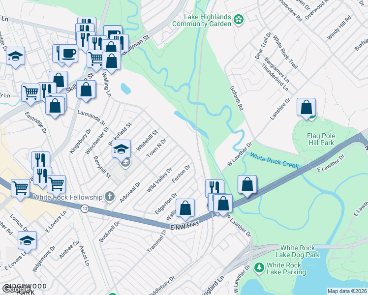 map of restaurants, bars, coffee shops, grocery stores, and more near 7230 Walling Lane in Dallas