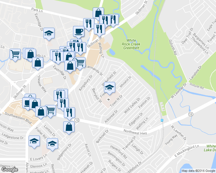 map of restaurants, bars, coffee shops, grocery stores, and more near 6964 Wakefield Street in Dallas