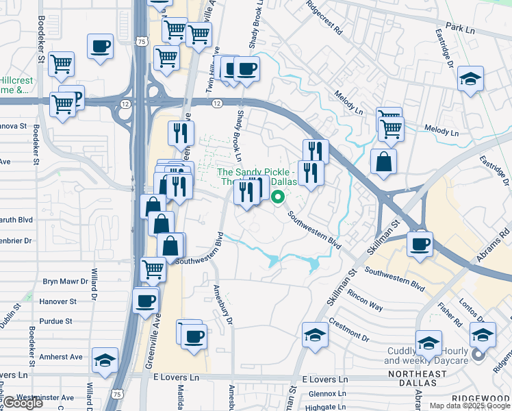 map of restaurants, bars, coffee shops, grocery stores, and more near 8400 Southwestern Boulevard in Dallas